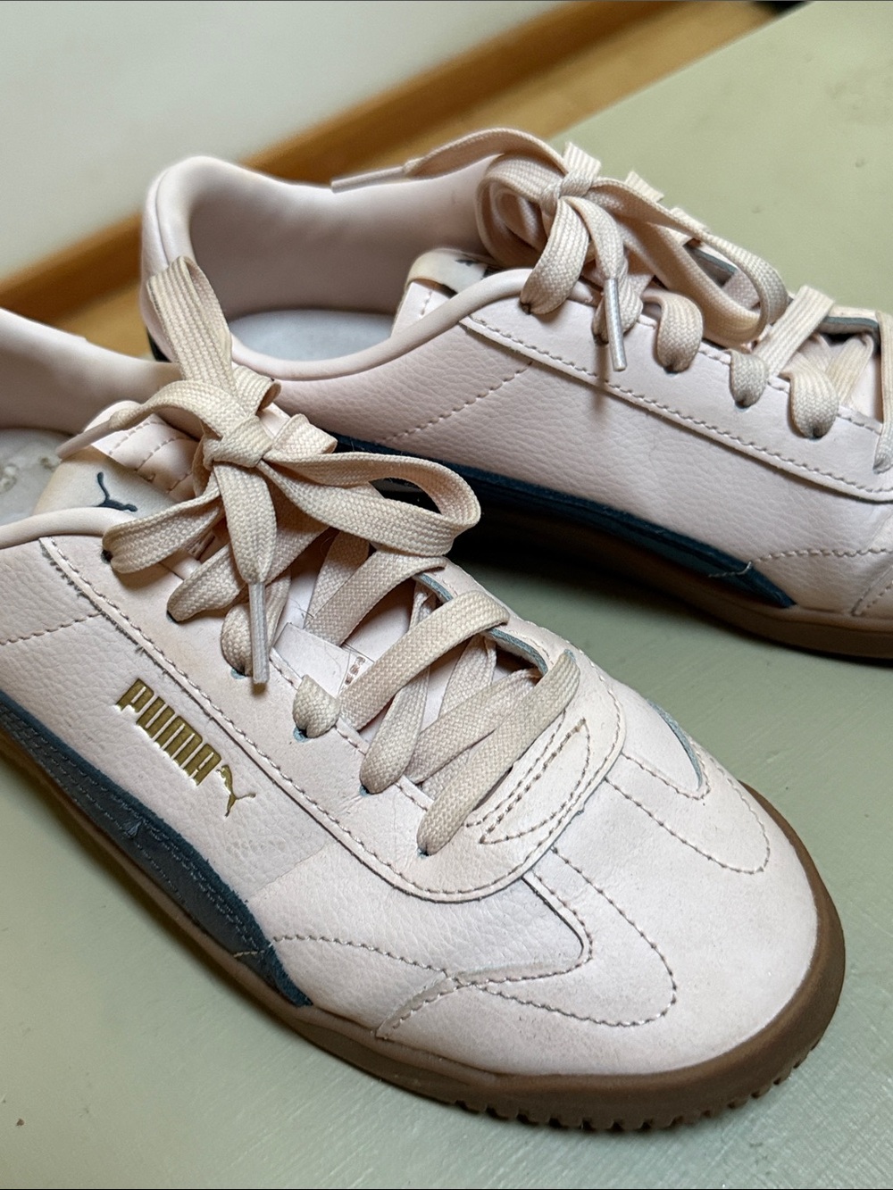 Puma Women’s Pale Pink Leather Palermo Low-Top Sneakers with Teal Accent